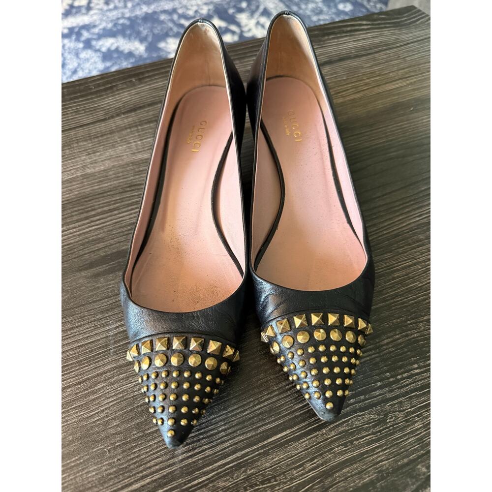 GUCCI Black Leather Kitten Heel Pointed Toe Studded Pumps Sz. 37